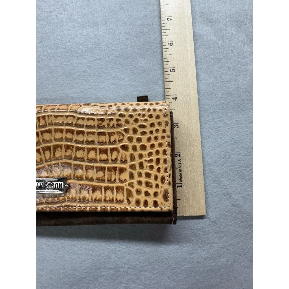 American Bison Leather Wallet with Tan Crocodile Pattern Flap Pockets New Other